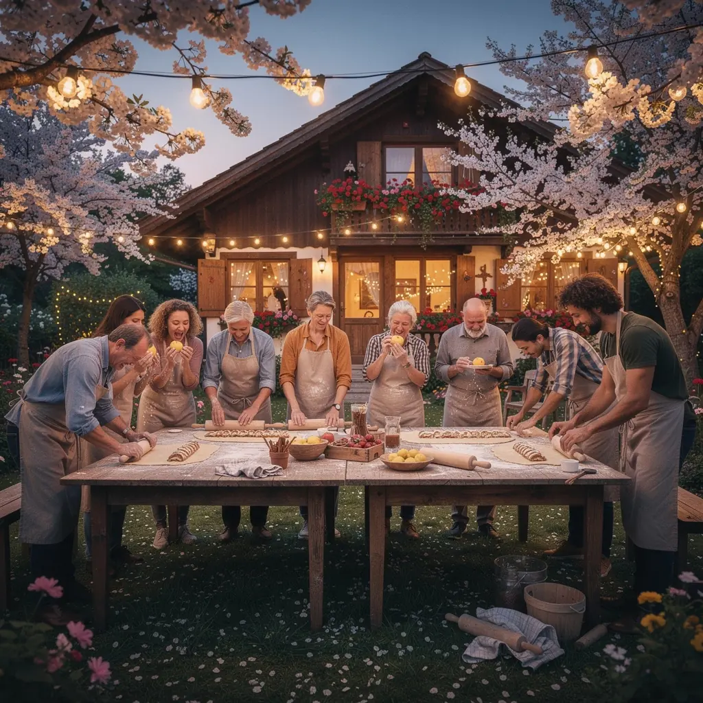 Ein schöner, goldbraun gebackener Apfelstrudel wird auf einem Holzbrett präsentiert.