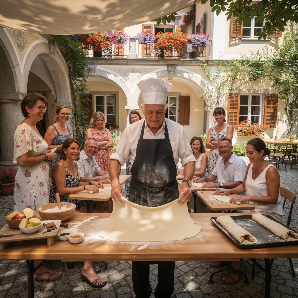 Ein Teilnehmer des Workshops, der konzentriert den Teig für den Strudel ausrollt.