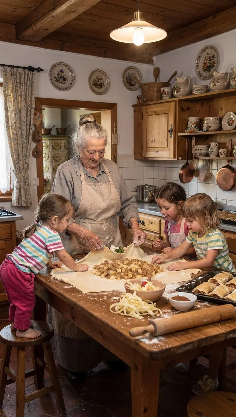 Ein Tablett mit goldbraunem Apfelstrudel, der in Scheiben geschnitten ist und mit Puderzucker bestäubt wird.