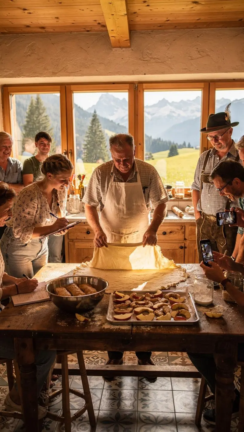 Ein Bäcker, der frischen Apfelstrudel mit einer handgezogenen Teigschicht zubereitet.