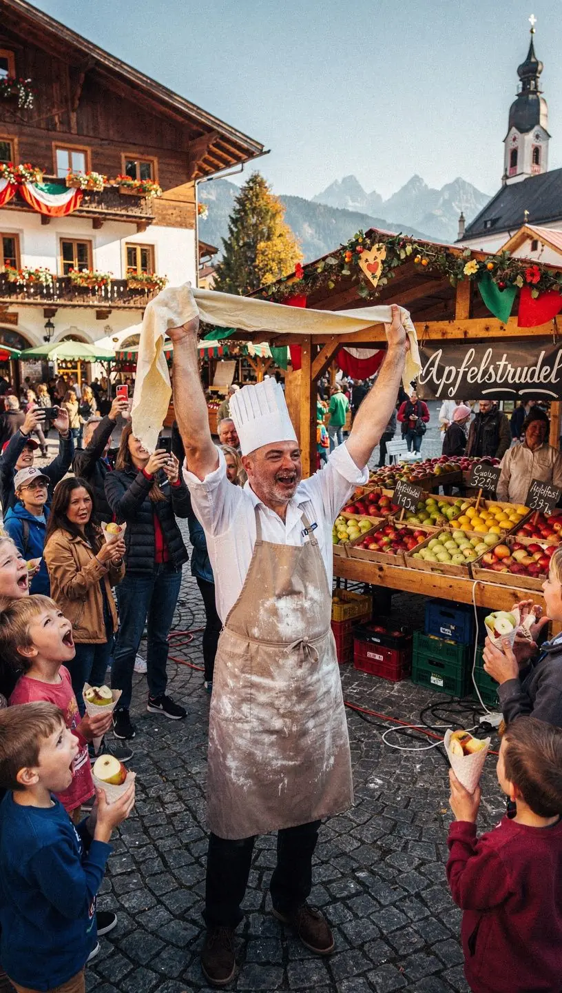 Ein frisch gebackener Apfelstrudel wird auf einem Teller prГ¤sentiert, umgeben von Puderzucker.