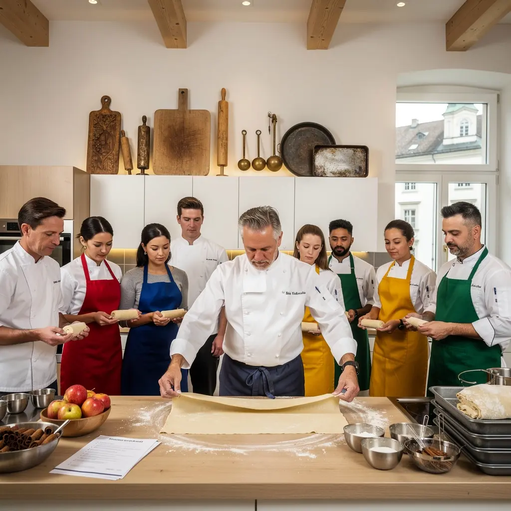 Eine Gruppe von Kursteilnehmern beobachtet aufmerksam die Anleitung des Backmeisters.