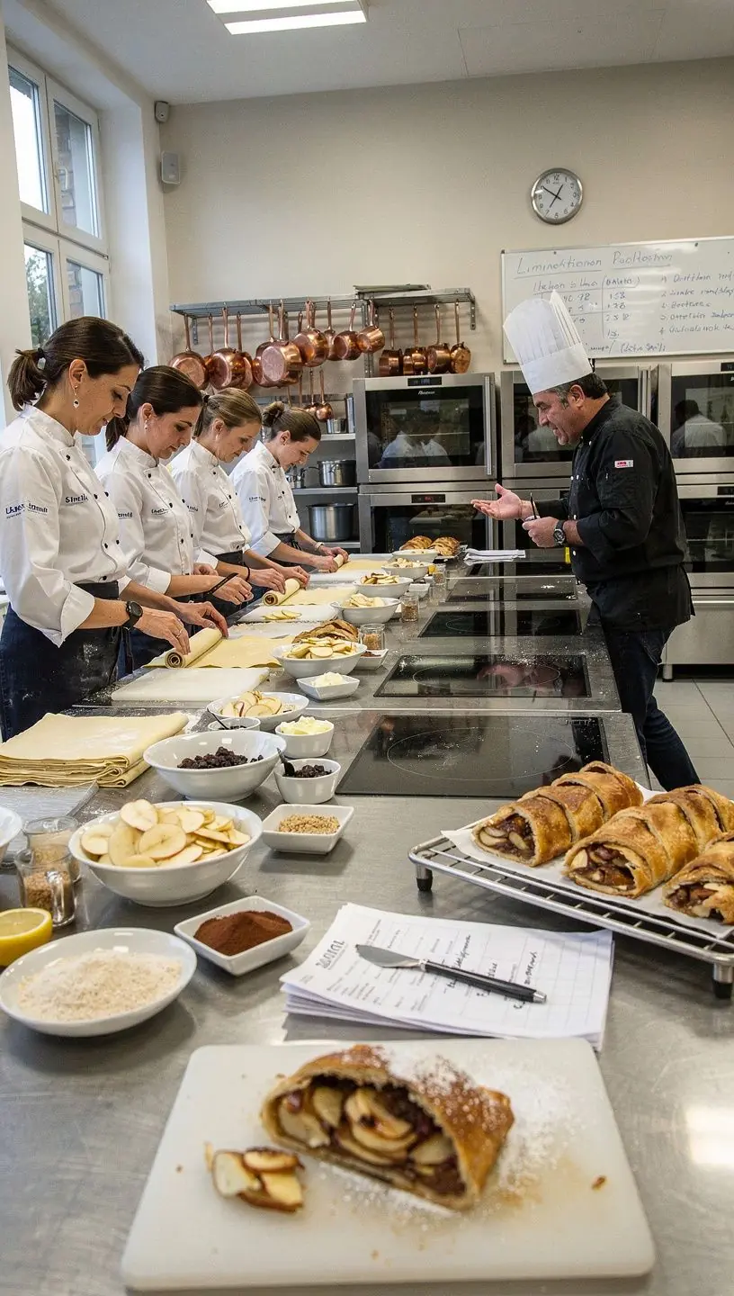 Zutaten wie Г„pfel, Zimt und Zucker liegen bereit fГјr die Zubereitung des Strudels.