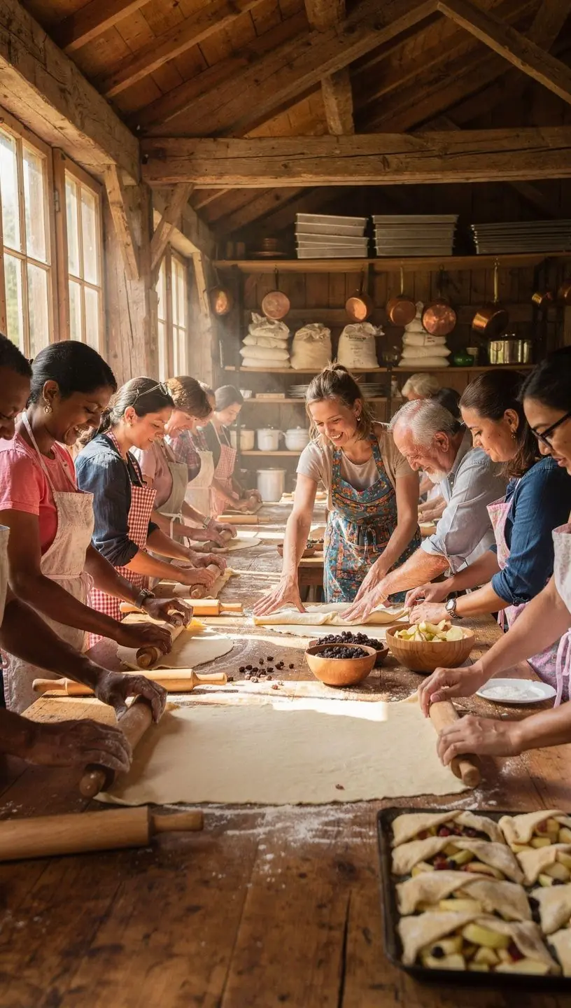 Ein erfahrener Bäcker zeigt die Technik des Handziehens des Strudelteigs.