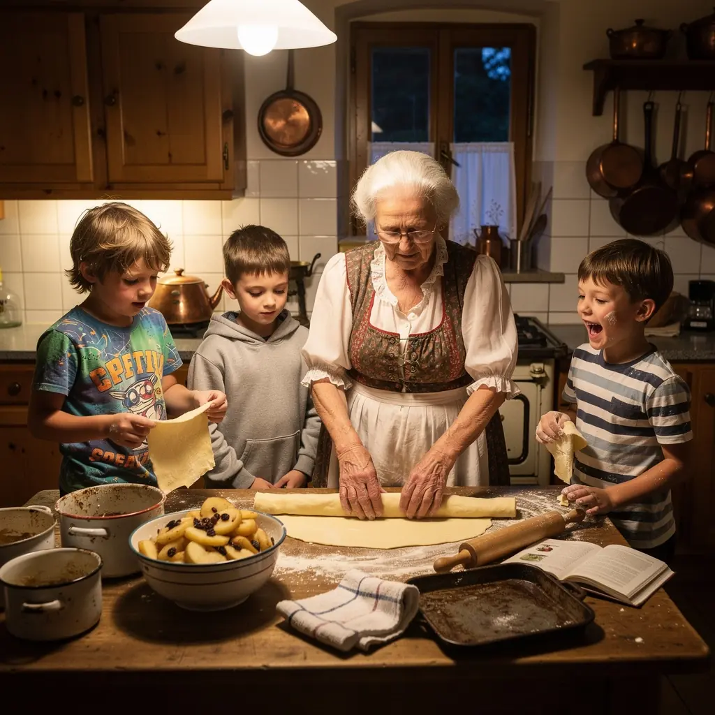 Eine Gruppe von Teilnehmern, die stolz ihren selbstgemachten Strudel präsentieren.