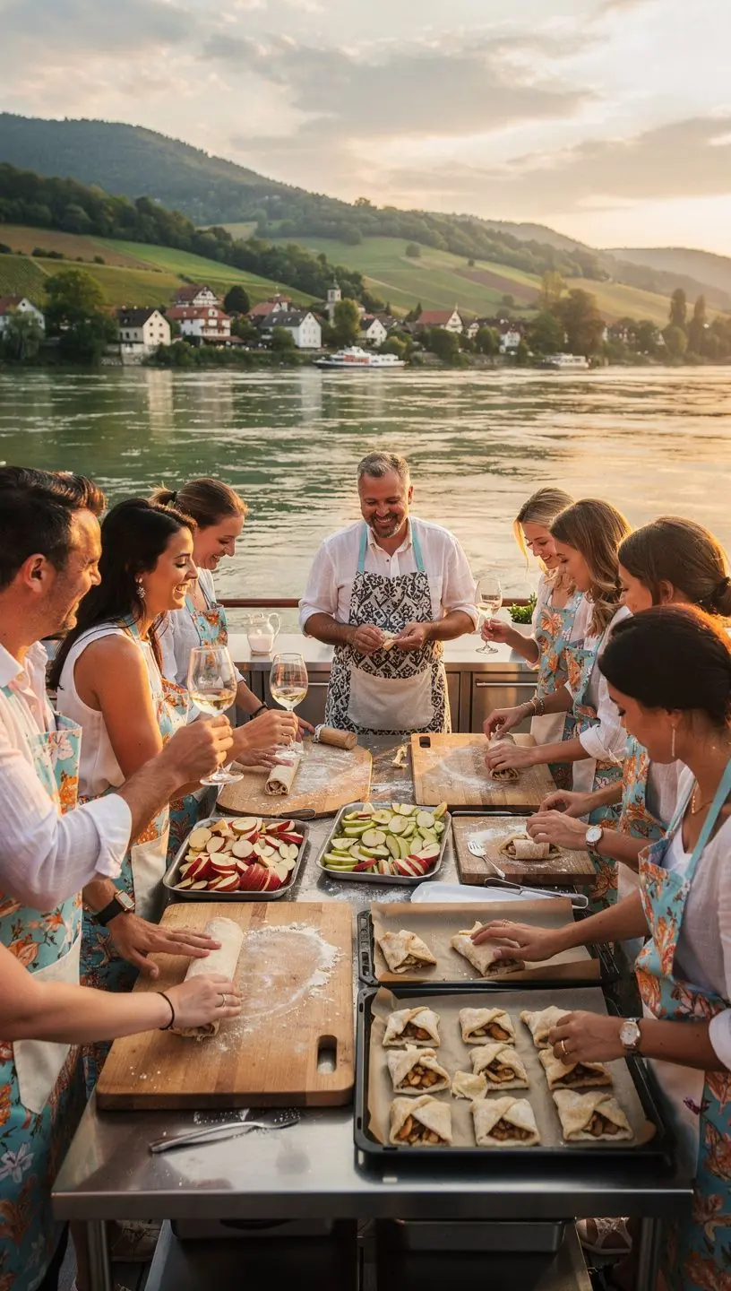 Ein Teilnehmer dehnt vorsichtig den Strudelteig auf einer groГџen Holzplatte.