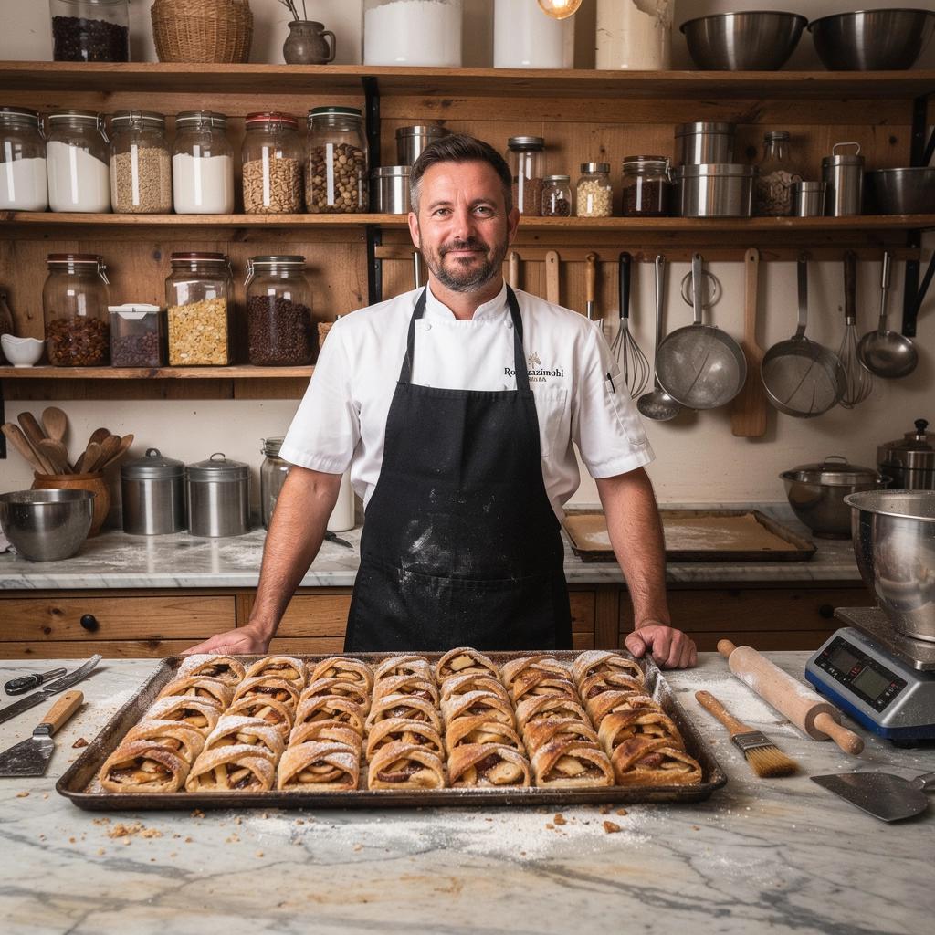 Blick auf die Zutaten für den Apfelstrudel, darunter Äpfel, Zimt und Zucker auf einem Holztisch.